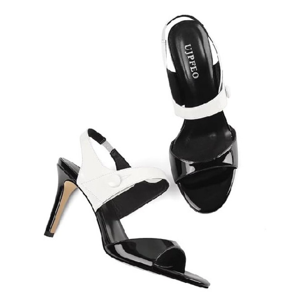 NIB. Open Toe, Slingback PU Leather, Black & White Color Blocked Heels. Size 8.5